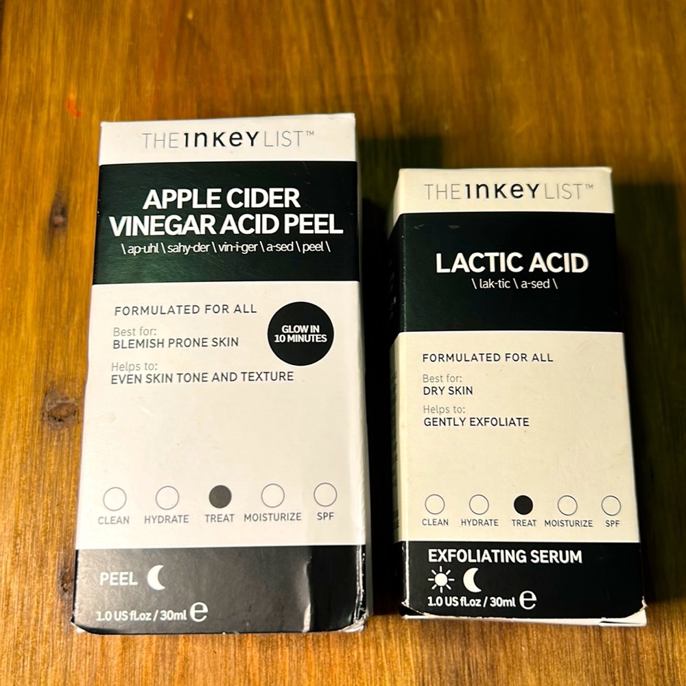 New, The Inkey List Apple cider vinegar acid peel and Lactic Acid Serum.